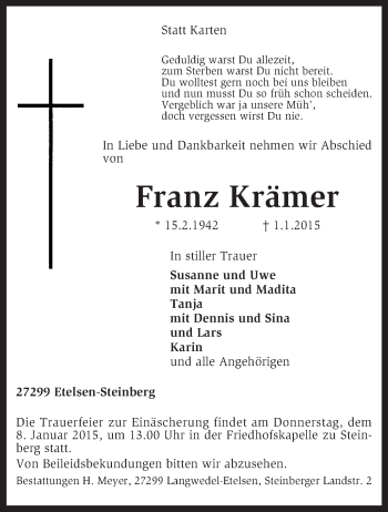 Traueranzeige von Franz Krämer von KRZ