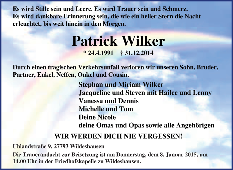  Traueranzeige für Patrick Wilker vom 05.01.2015 aus KRZ