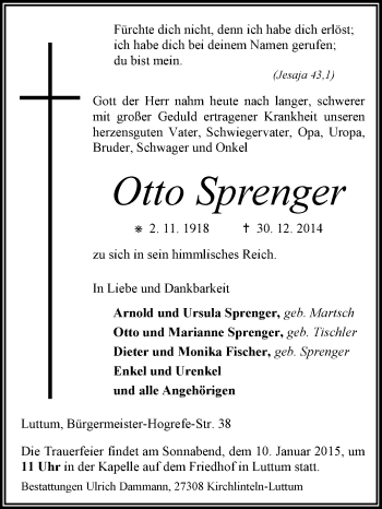 Traueranzeige von Otto Sprenger von KRZ