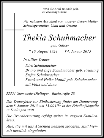 Traueranzeige von Thekla Schuhmacher von KRZ