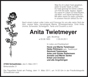 Traueranzeige von Anita Twietmeyer von KREISZEITUNG SYKE