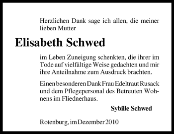 Traueranzeige von Elisabeth Schwed von KREISZEITUNG SYKE
