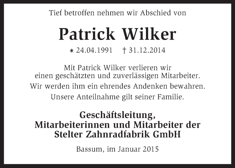  Traueranzeige für Patrick Wilker vom 07.01.2015 aus KRZ