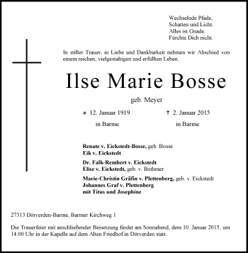 Traueranzeige von Ilse Marie Bosse von KRZ