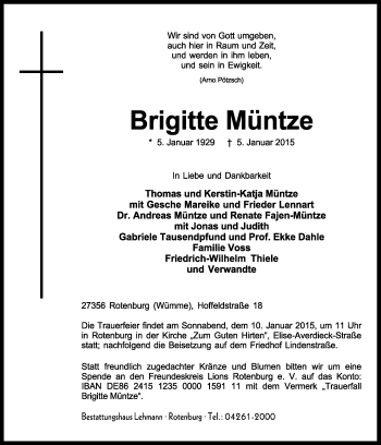 Traueranzeige von Brigitte Müntze von KRZ