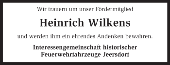 Traueranzeige von Heinrich Wilkens von KRZ