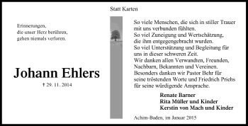 Traueranzeige von Johann Ehlers von KRZ