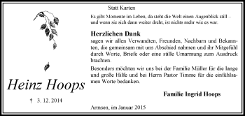 Traueranzeige von Heinz Hoops von KRZ