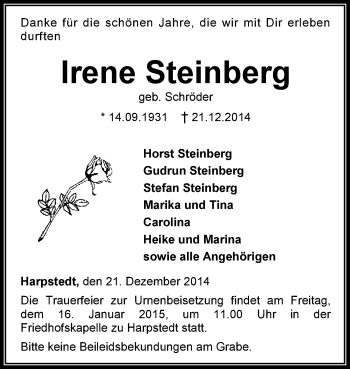 Traueranzeige von Irene Steinberg von KRZ