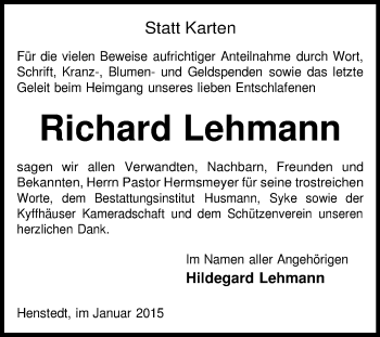 Traueranzeige von Richard Lehmann von KRZ