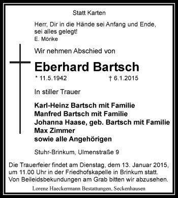 Traueranzeige von Eberhard Bartsch von KRZ