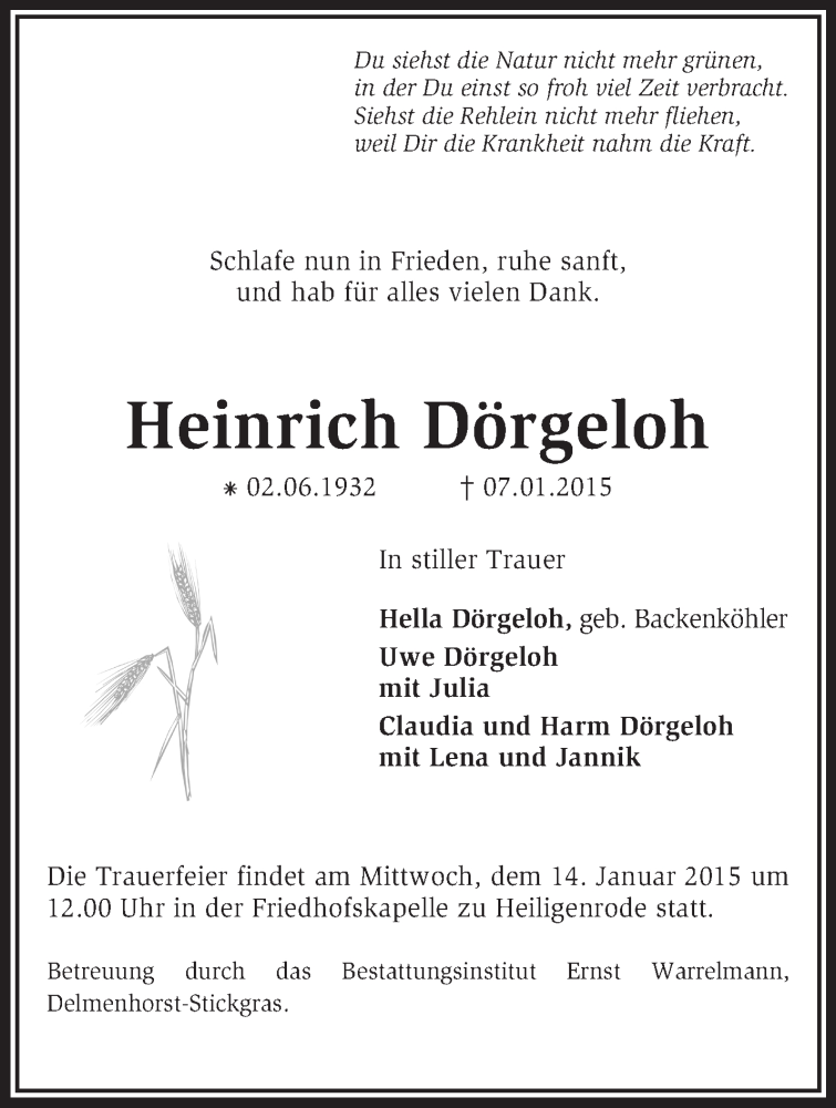  Traueranzeige für Heinrich Dörgeloh vom 09.01.2015 aus KRZ