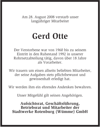 Traueranzeige von Gerd Otte von KREISZEITUNG SYKE
