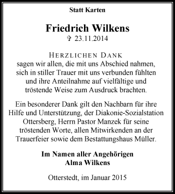 Traueranzeige von Friedrich Wilkens von KRZ