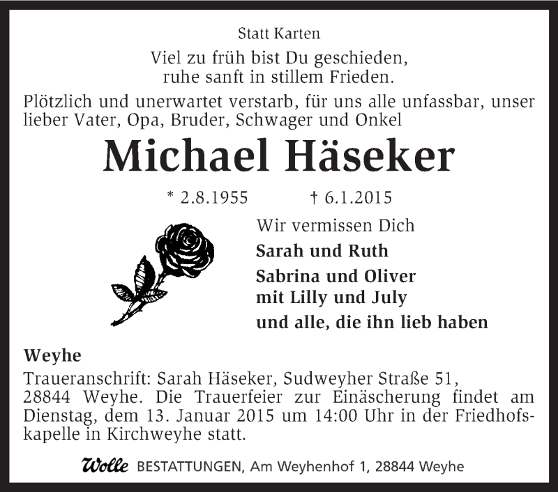  Traueranzeige für Michael Häseker vom 10.01.2015 aus KRZ