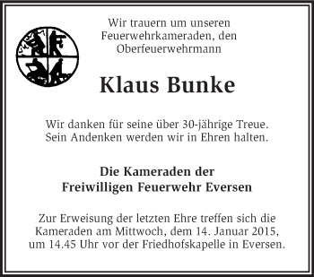 Traueranzeige von Klaus Bunke von KRZ