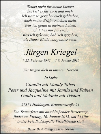 Traueranzeige von Jürgen Kriegel von KRZ