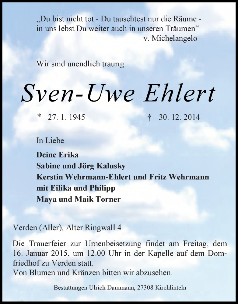  Traueranzeige für Sven-Uwe Ehlert vom 13.01.2015 aus KRZ