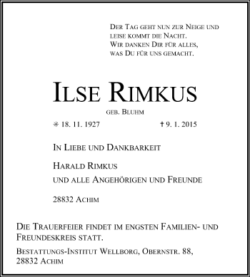 Traueranzeige von Ilse Rimkus von KRZ