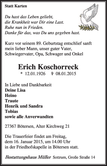 Traueranzeige von Erich Koschorreck von KRZ