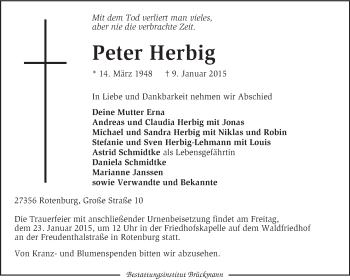 Traueranzeige von Peter Herbig von KRZ