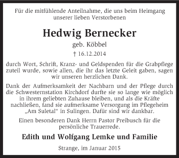 Traueranzeige von Hedwig Bernecker von KRZ