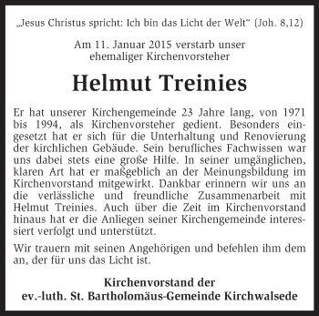 Traueranzeige von Helmut Treinies von KRZ