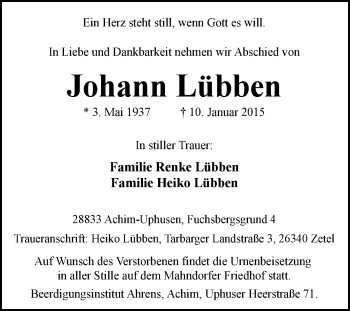 Traueranzeige von Johann Lübben von KRZ