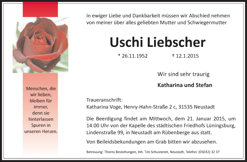  Traueranzeige für Uschi Liebscher vom 16.01.2015 aus KRZ