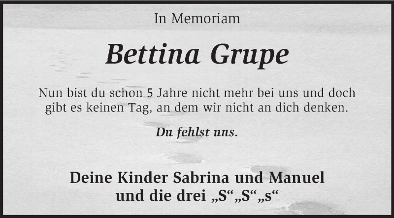  Traueranzeige für Bettina Grupe vom 17.01.2015 aus KRZ