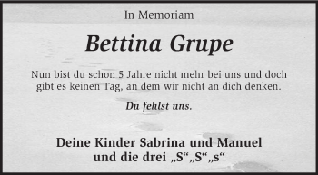 Traueranzeige von Bettina Grupe von KRZ