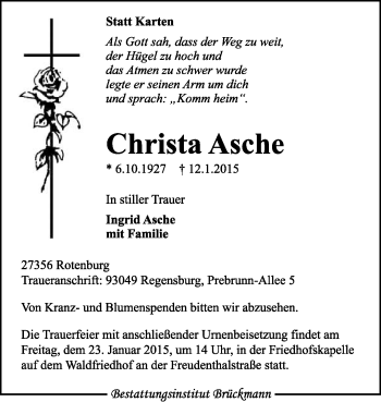 Traueranzeige von Christa Asche von KRZ