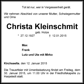 Traueranzeige von Christa Kleinschmit von KRZ