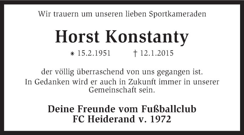  Traueranzeige für Horst Konstanty vom 17.01.2015 aus KRZ