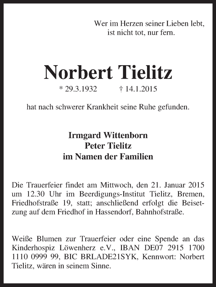  Traueranzeige für Norbert Tielitz vom 17.01.2015 aus KRZ