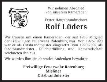 Traueranzeige von Rolf Lüders von KRZ