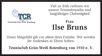 Traueranzeige von Ilse Bruns von KRZ