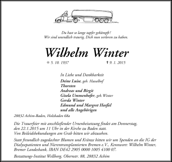 Traueranzeige von Wilhelm Winter von KRZ