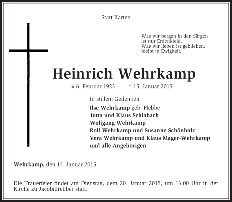  Traueranzeige für Heinrich Wehrkamp vom 17.01.2015 aus KRZ