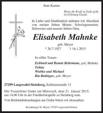 Traueranzeige von Elisabeth Mahnke von KRZ