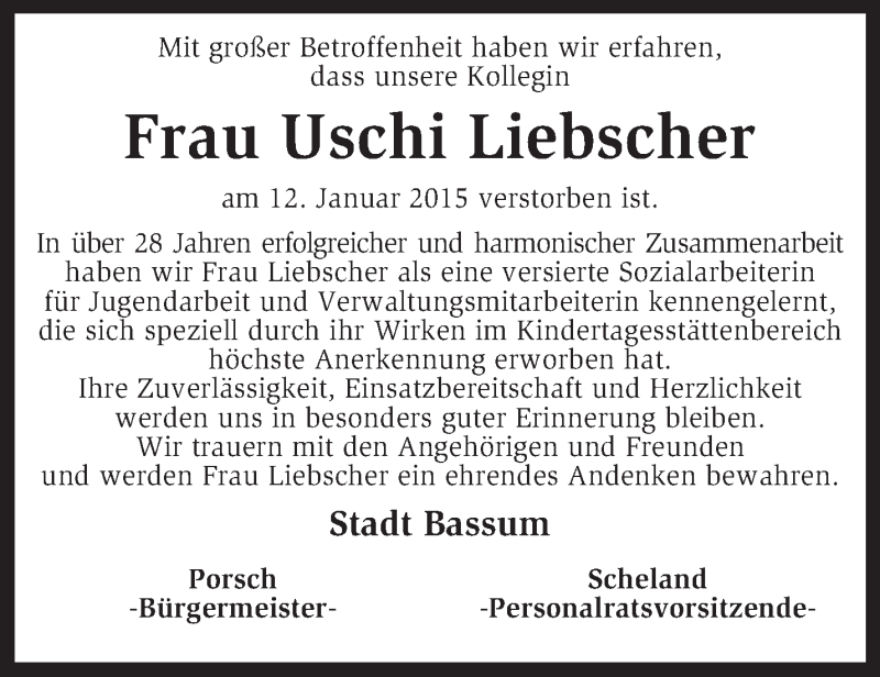  Traueranzeige für Uschi Liebscher vom 20.01.2015 aus KRZ