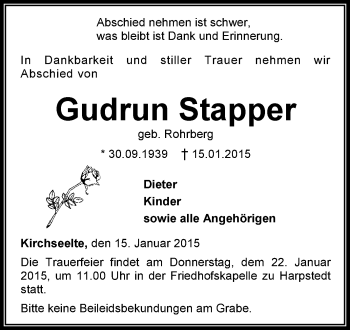 Traueranzeige von Gudrun Stapper von KRZ