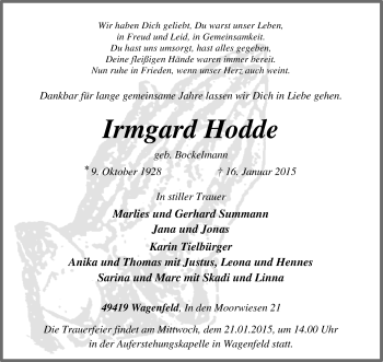 Traueranzeige von Irmgard Hodde von KRZ