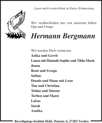 Traueranzeige von Hermann Bergmann von KRZ