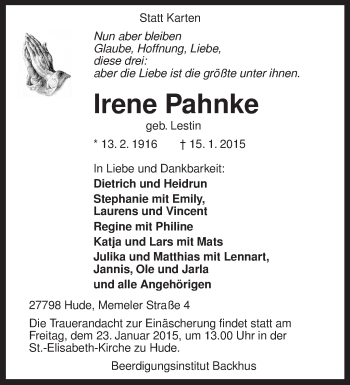 Traueranzeige von Irene Pahnke von KRZ