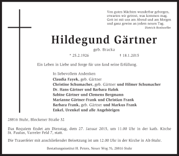 Traueranzeige von Hildegund Gärtner von KRZ