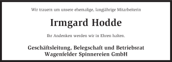 Traueranzeige von Irmgard Hodde von KRZ