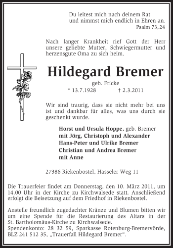 Traueranzeige von Hildegard Bremer von KREISZEITUNG SYKE