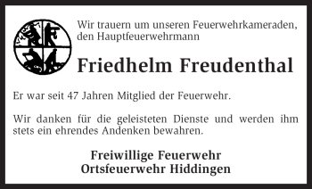 Traueranzeige von Friedhelm Freudenthal von KREISZEITUNG SYKE