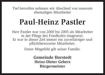 Traueranzeige von Paul-Heinz Pastler von KREISZEITUNG SYKE